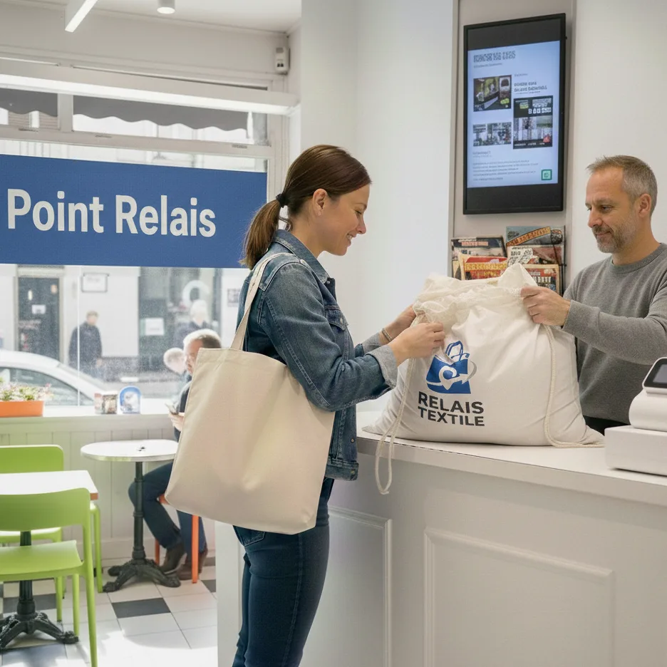 Une cliente remet son sac Relais Textile au commerçant d’un point relais
